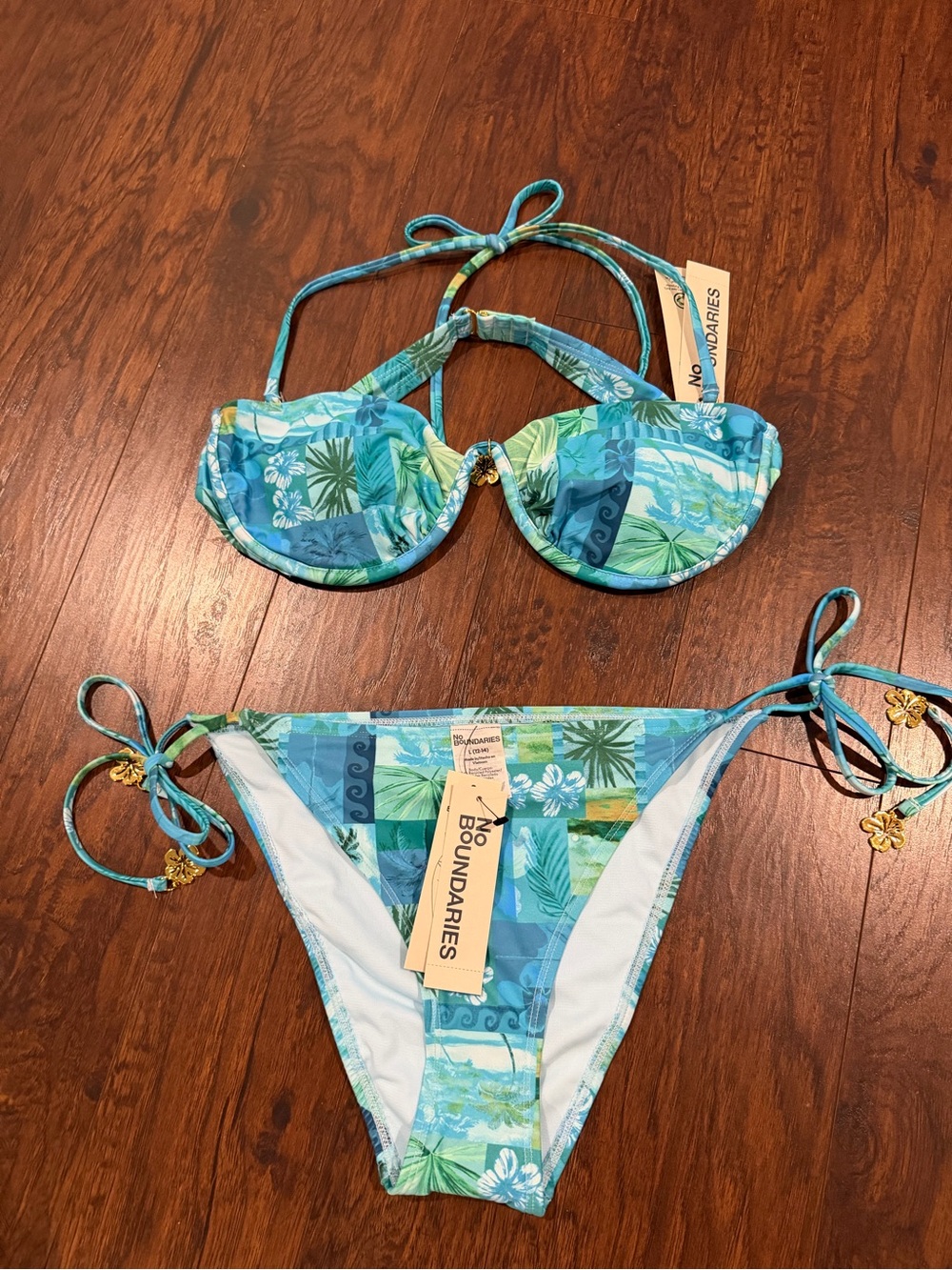 No Boundaries Woman Teal & Blue Tropical Print Bikini Set| Large 12-14 NWT